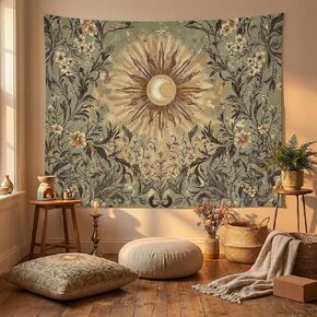 Spenlife Vintage Sun and Moon Tapestry, Retro Sage Green Floral Wall Decor, Mystical Celestial Wall Hanging for Living Room (60" x 44") in Saudi Arabia