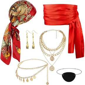 Pirate Costume Accessories Women Red Patterned Headscarf Waist Scarf Necklace Skull Earrings Waist Chain Eye Mask in Saudi Arabia