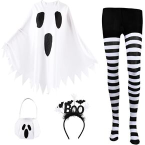 4Pcs Ghost Costume Adult,Women Halloween Poncho Set with Headband,Candy Bag,Striped Tights for Cosplay Party in Saudi Arabia