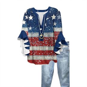 4Th of July Womens Patriotic Tops 3/4 Sleeves USA Flag Shirts Flowy Ruffle Tops Button Blouse Summer V Neck Shirt in Saudi Arabia