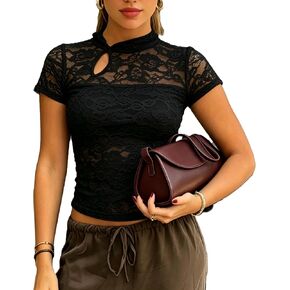 Women Lace Cheongsam Top Short Sleeve Mandarin Collar Shirt Sheer Mesh Floral Patchwork Blouse Sexy Keyhole Tops in Kuwait