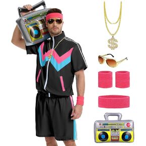 80s Track Suit for Men, 90s Color Block Costume, Retro Short Sleeve Jacket & Shorts for Halloween Carnival Party in Saudi Arabia