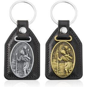 St Christopher Keychain 2 Pack Gold Silver for Men Women - Christian Saint Christopher Medal for Car Keychain, Durable Leather Metal Patron Saint of Travelers Protection Gifts in Saudi Arabia