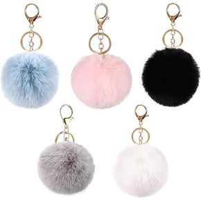 Fluffy Pom Pom Keychain Set, 5-Pack, 3-Inch Faux Fur Ball Charm with Gold Ring, White/Black/Pink/Blue/Gray in Kuwait