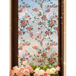 Vintage Floral Window Privacy Film, 78.5" L x 17.5" W, Rainbow Prism Stained Glass Static Cling, Heat Control & UV Blocking, Decorative Flower Film for Bathroom, Glass Door in Kuwait