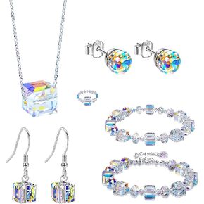 Aurora Borealis Crystals Jewelry Set for Women,Cube Earrings Necklace Bracelet,8MM Ball Earrings Iridescent Disco,Cube Dangle Drop Earrings,Sparkly Aurora Bracelet,Mother's Day Fashion Jewelry Gifts in Saudi Arabia
