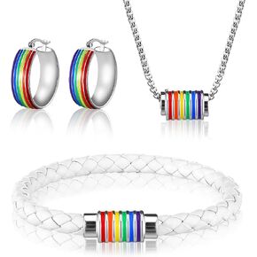 Quelay 3 Pcs Gay Pride LGBT Jewelry Sets for Women LGBT Rainbow Leather Bracelet Necklace Rainbow Hoop Earrings Bisexual Stuff LGBTQ Jewelry Lesbian Stuff Gifts in Kuwait