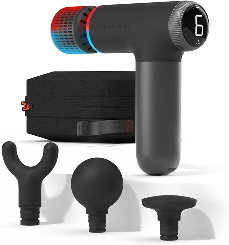 Sharper Image® Powerboost® Pro+ Hot & Cold Compact Deep Tissue Massage Gun - 6 Speed, 4 Attachments, Travel Case| Soothing Heat & Cold Therapy| Portable Lightweight Full Body Shoulder & Back Massager in Kuwait