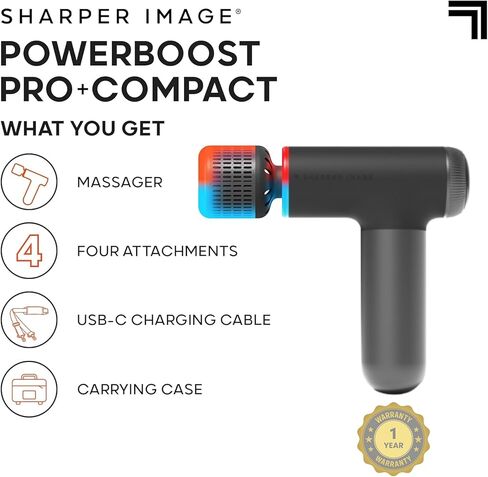 Sharper Image® Powerboost® Pro+ Hot & Cold Compact Deep Tissue Massage Gun - 6 Speed, 4 Attachments, Travel Case| Soothing Heat & Cold Therapy| Portable Lightweight Full Body Shoulder & Back Massager in Kuwait