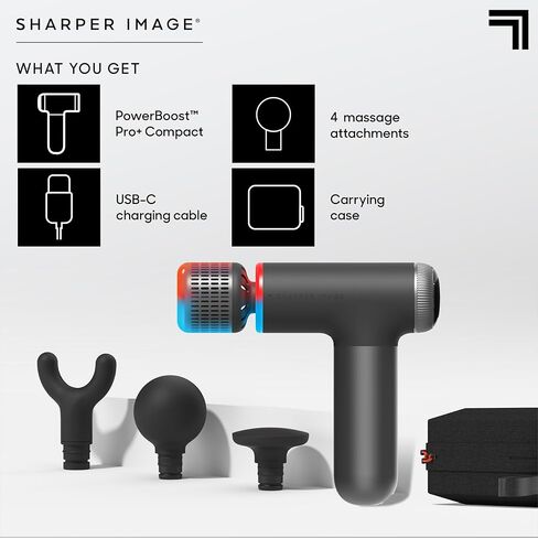Sharper Image® Powerboost® Pro+ Hot & Cold Compact Deep Tissue Massage Gun - 6 Speed, 4 Attachments, Travel Case| Soothing Heat & Cold Therapy| Portable Lightweight Full Body Shoulder & Back Massager in Kuwait