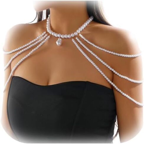 Elegant Layered Pearl Shoulder Necklace,Festival Rave Pearl Shoulder Chain Jewelry Wedding Bridal Beaded Body Chain Jewelry for Women Prom Party in Kuwait