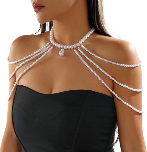 Elegant Layered Pearl Shoulder Necklace,Festival Rave Pearl Shoulder Chain Jewelry Wedding Bridal Beaded Body Chain Jewelry for Women Prom Party in Kuwait