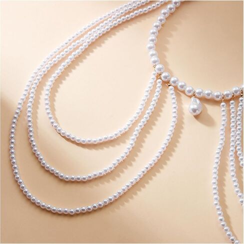 Elegant Layered Pearl Shoulder Necklace,Festival Rave Pearl Shoulder Chain Jewelry Wedding Bridal Beaded Body Chain Jewelry for Women Prom Party in Kuwait
