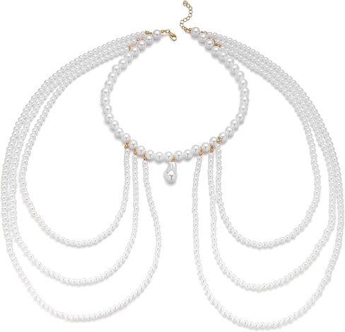 Elegant Layered Pearl Shoulder Necklace,Festival Rave Pearl Shoulder Chain Jewelry Wedding Bridal Beaded Body Chain Jewelry for Women Prom Party in Kuwait