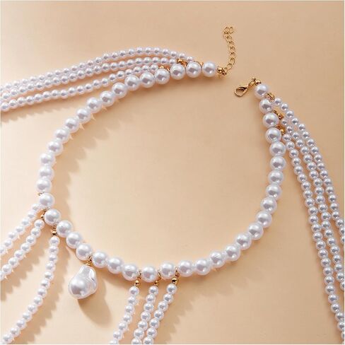 Elegant Layered Pearl Shoulder Necklace,Festival Rave Pearl Shoulder Chain Jewelry Wedding Bridal Beaded Body Chain Jewelry for Women Prom Party in Kuwait