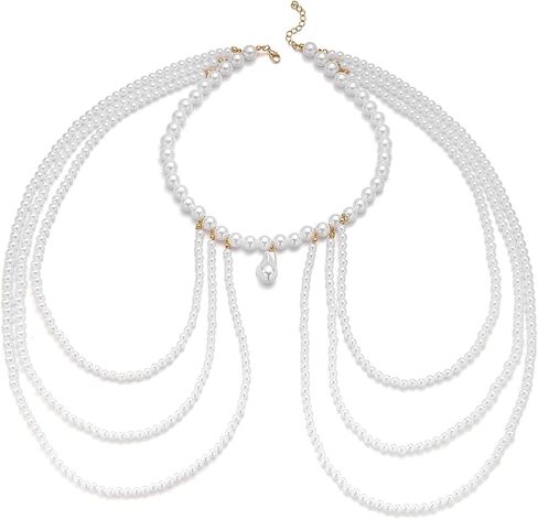 Elegant Layered Pearl Shoulder Necklace,Festival Rave Pearl Shoulder Chain Jewelry Wedding Bridal Beaded Body Chain Jewelry for Women Prom Party in Kuwait