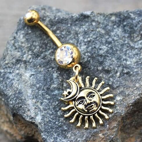 Gold Plated Stainless Steel Flaming Sun Crescent Moon Star Dangle Navel Belly Ring in Saudi Arabia