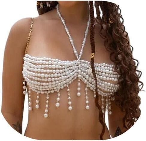 Gold Pearl Tassel Vest Bra Chain Jewelry Multilayered Beads Chest Chain Summer Beach Beaded Lingerie Chain Pearl Backless Body Jewelry for Women in Kuwait