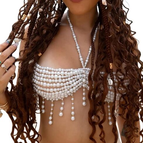 Gold Pearl Tassel Vest Bra Chain Jewelry Multilayered Beads Chest Chain Summer Beach Beaded Lingerie Chain Pearl Backless Body Jewelry for Women in Kuwait