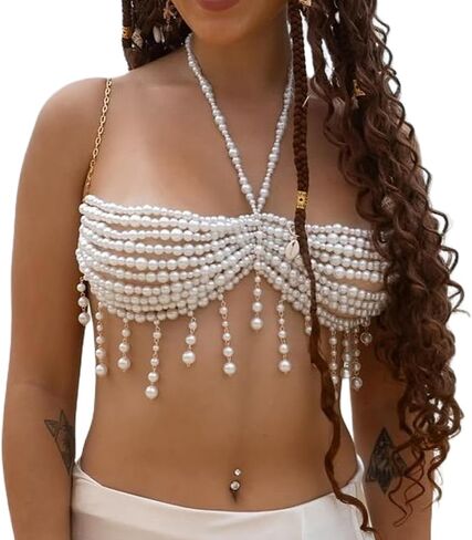 Gold Pearl Tassel Vest Bra Chain Jewelry Multilayered Beads Chest Chain Summer Beach Beaded Lingerie Chain Pearl Backless Body Jewelry for Women in Kuwait