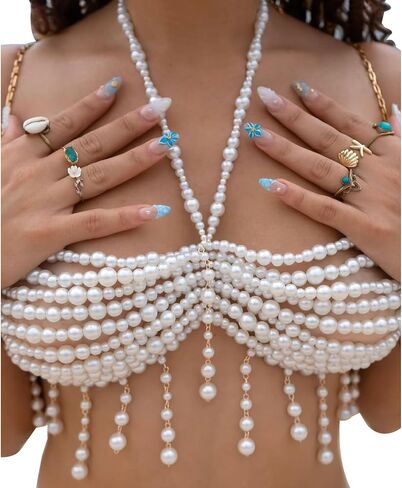 Gold Pearl Tassel Vest Bra Chain Jewelry Multilayered Beads Chest Chain Summer Beach Beaded Lingerie Chain Pearl Backless Body Jewelry for Women in Kuwait