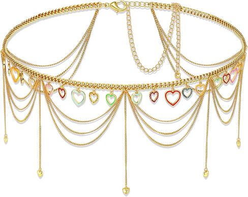 Heart Waist Chain Gold Metal Hearts Hollow Charm Chain Belt for Women Adjustable Plus Size Elegant Boho Multi Colors Hearts Layered Belly Chain Valentines Festival Body Jewelry Accessory for Dresses Pants in Kuwait