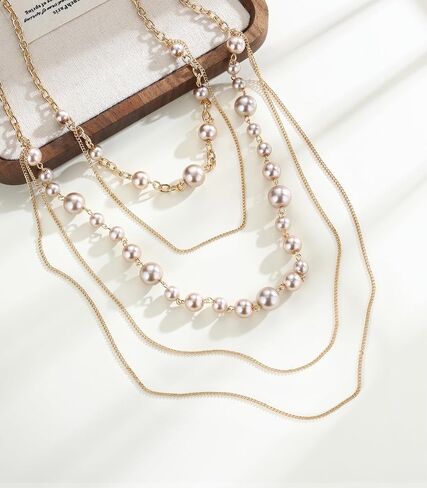 Long Gold Pearl Necklaces for Women Multi-Layered Chain with Faux Pearls Beads Statement Waterfall Jewelry Gifts in Saudi Arabia