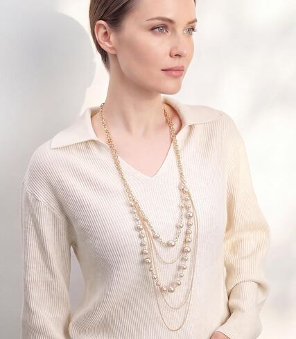 Long Gold Pearl Necklaces for Women Multi-Layered Chain with Faux Pearls Beads Statement Waterfall Jewelry Gifts in Saudi Arabia