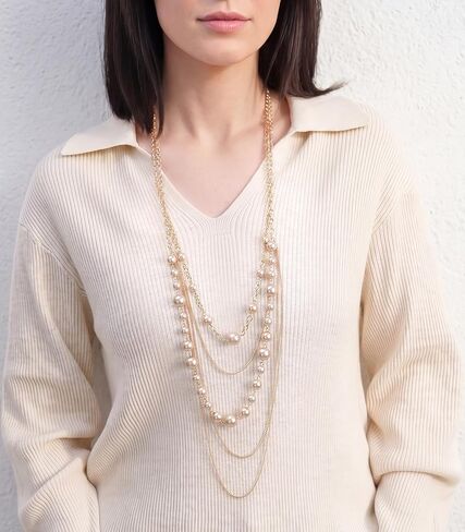 Long Gold Pearl Necklaces for Women Multi-Layered Chain with Faux Pearls Beads Statement Waterfall Jewelry Gifts in Saudi Arabia
