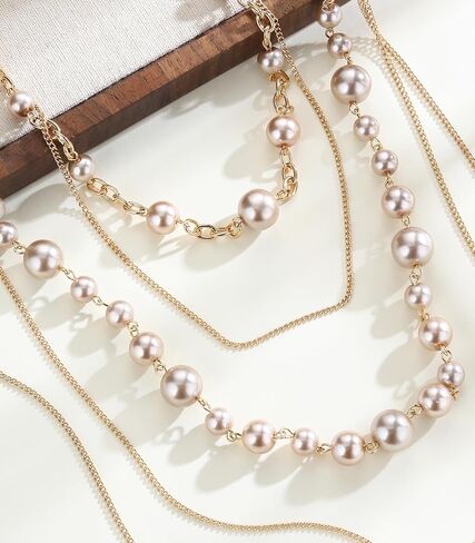 Long Gold Pearl Necklaces for Women Multi-Layered Chain with Faux Pearls Beads Statement Waterfall Jewelry Gifts in Saudi Arabia