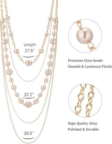Long Gold Pearl Necklaces for Women Multi-Layered Chain with Faux Pearls Beads Statement Waterfall Jewelry Gifts in Saudi Arabia