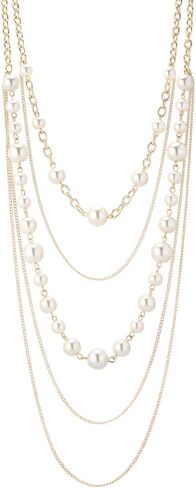 Long Gold Pearl Necklaces for Women Multi-Layered Chain with Faux Pearls Beads Statement Waterfall Jewelry Gifts in Saudi Arabia
