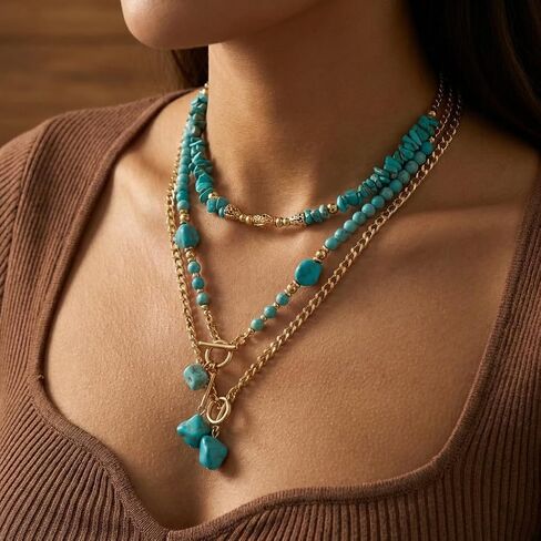 Bohemian Turquoise Layered Necklace with Gold Tone Chains and Stone Pendants for Women Fashion Accessory in Kuwait
