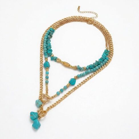 Bohemian Turquoise Layered Necklace with Gold Tone Chains and Stone Pendants for Women Fashion Accessory in Kuwait