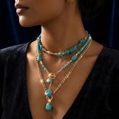 Bohemian Turquoise Layered Necklace with Gold Tone Chains and Stone Pendants for Women Fashion Accessory in Kuwait