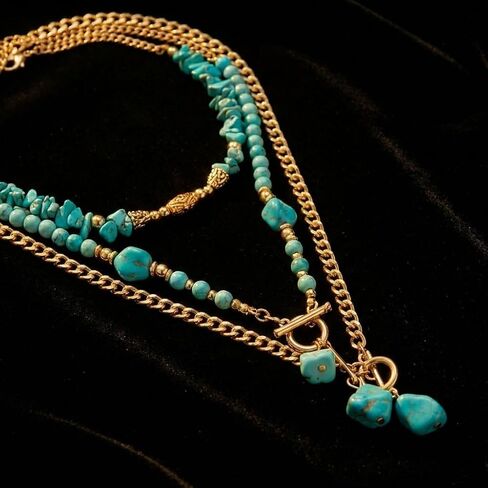 Bohemian Turquoise Layered Necklace with Gold Tone Chains and Stone Pendants for Women Fashion Accessory in Kuwait