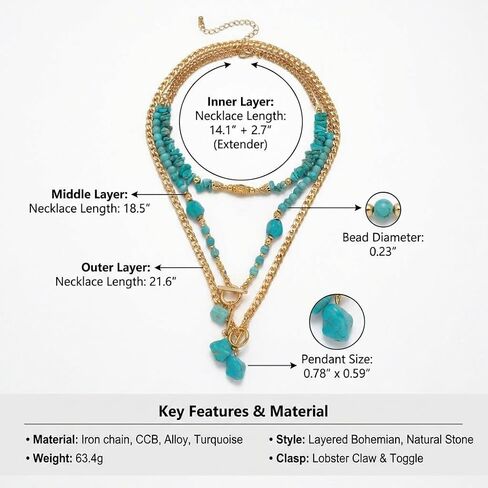 Bohemian Turquoise Layered Necklace with Gold Tone Chains and Stone Pendants for Women Fashion Accessory in Kuwait