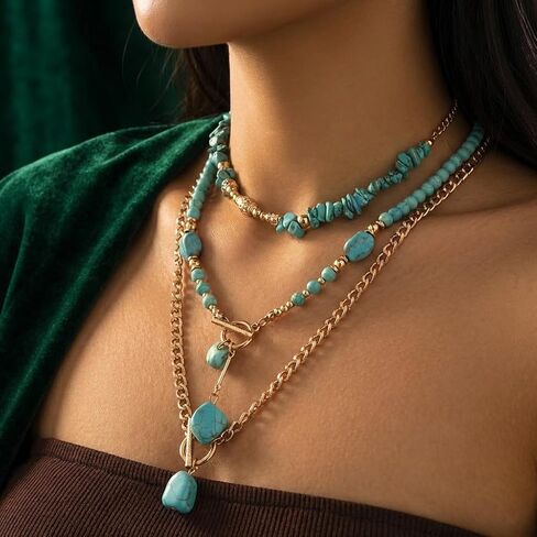Bohemian Turquoise Layered Necklace with Gold Tone Chains and Stone Pendants for Women Fashion Accessory in Kuwait