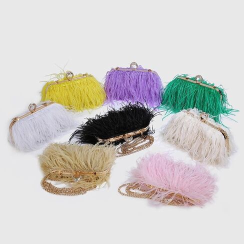 Women Ostrich Feather Purse Tote Bag Crossbody Shoulder Fluffy Purse Party Bag Evening Handbag for Wedding Anniversary Grass Green in Saudi Arabia