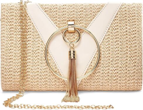 RNIEGA Tassels Straw Clutch Purses for Women Straw Handbags With Detachable Chain For Wedding, Party, Prom in Saudi Arabia