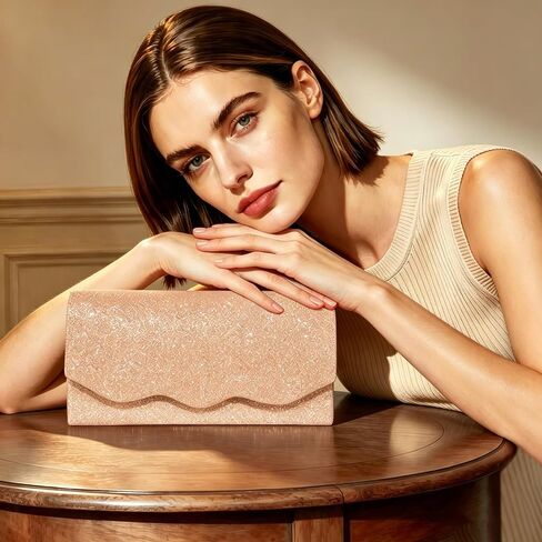 Evening Bag Clutch Purse for Women, Sparkling Formal Handbag with Crossbody Chain, Wave-Shape Rose Gold Purse for Womens Ladies Girls, Small Cute Shoulder Bag for Wedding Prom Cocktail Party in Saudi Arabia