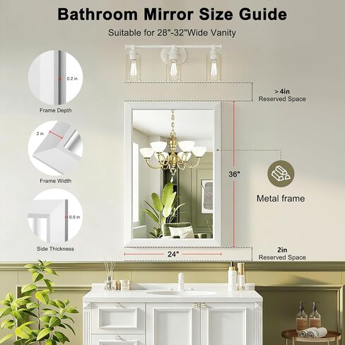 Bathroom Mirror for Over Sink,24x36Inch White Thick Anti-Rust Metal Frame, Rectangle Decorative Wall Mirror with HD Tempered Glass, Horizontal or Vertical Mount for Vanity, Bathroom,Living Room in Saudi Arabia