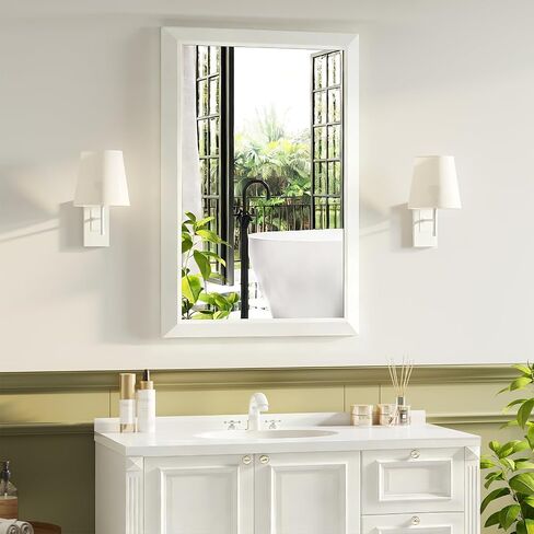 Bathroom Mirror for Over Sink,24x36Inch White Thick Anti-Rust Metal Frame, Rectangle Decorative Wall Mirror with HD Tempered Glass, Horizontal or Vertical Mount for Vanity, Bathroom,Living Room in Saudi Arabia