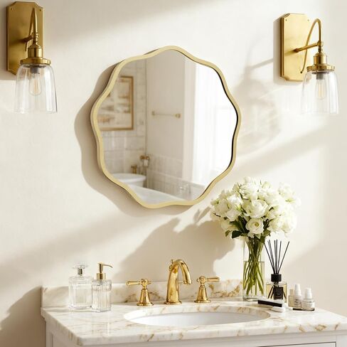 HOMECOOKIN 20" Wavy Round Wall Mirror, Gold Scalloped Circle Mirror Edge Round with Metal Frame, Modern Decorative Hanging/Leaning Mirrors for Bathroom, Hotels, Hallway, Entryway, Vanity, Office in Saudi Arabia