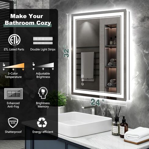 32x24 Inch LED Bathroom Mirror with Lights, 3 Colors Dimmable LED Vanity Mirror, Front and Back Lit, Anti-Fog, Memory Function, Shatterproof Tempered Glass, ETL Listed, Wall Mounted Makeup Mirror in Kuwait