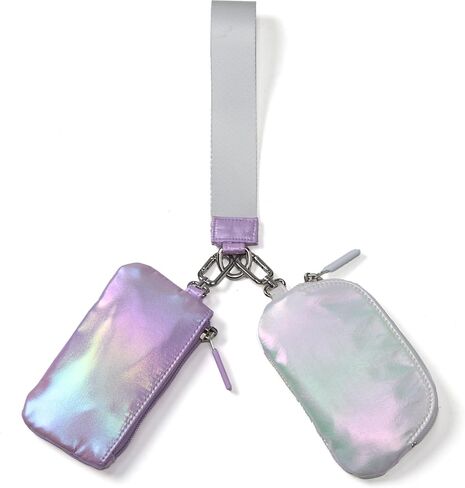 Pander Dual Pouch Wristlet Wallet for Women, RFID Blocking 2-Piece Keychain Coin Purse Set, Detachable Mini Pouch for Car Keys, Gym & Travel, Machine Washable, Iridescent Purple + White in Saudi Arabia