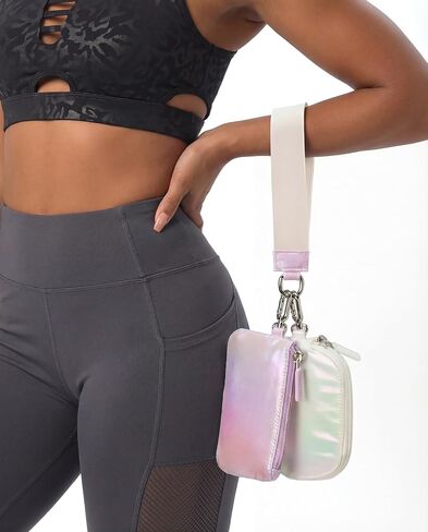 Pander Dual Pouch Wristlet Wallet for Women, RFID Blocking 2-Piece Keychain Coin Purse Set, Detachable Mini Pouch for Car Keys, Gym & Travel, Machine Washable, Iridescent Purple + White in Saudi Arabia