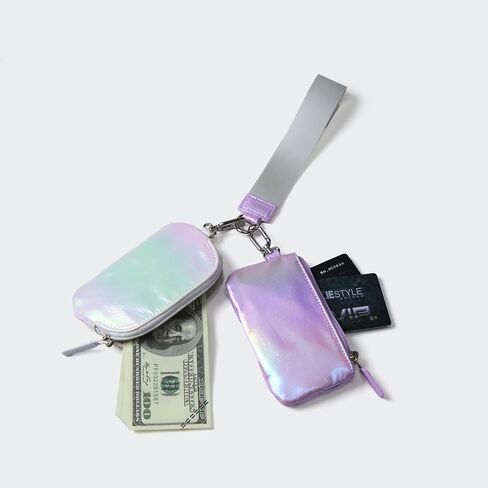 Pander Dual Pouch Wristlet Wallet for Women, RFID Blocking 2-Piece Keychain Coin Purse Set, Detachable Mini Pouch for Car Keys, Gym & Travel, Machine Washable, Iridescent Purple + White in Saudi Arabia