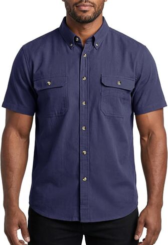 HISEA Men's Button Down Work Shirt, Short Sleeve Cotton Canvas Shirts for Men, Durable Classic Shirt with 2 Pockets in Kuwait