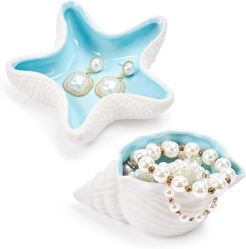 Ocean Themed Ceramic Jewelry Dish, Aqua Blue Seashell Ring Holder Tray for Earrings & Necklaces, Decorative Vanity Organizer for Dresser Top, Bathroom Sink, Gift for Her (Starfish) in Saudi Arabia